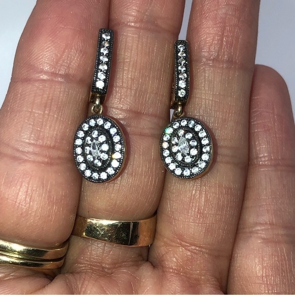 Vtg Sterling Silver CZ Gold Tone Antique Style Earrings Oval Drop w Halo 1.2” - Picture 6 of 8